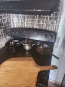Kitchen damaged by fire.