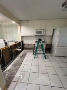 Water damage to kitchen from pipe leak.
